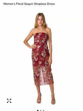 Sam Edelman Red Floral Sequin Strapless Midi Dress